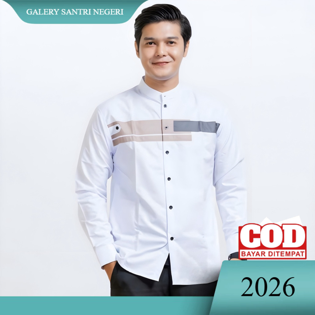 Baju Koko Pria Dewasa Lengan Panjang Slim Fit Warna Putih Motif Yordan
