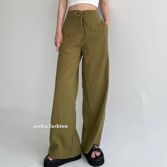 ASOKA Rachel Pants 2431 - Celana Highwaist Tali - Celana Linen Crinkle Casual Panjang Kulot Wanita -