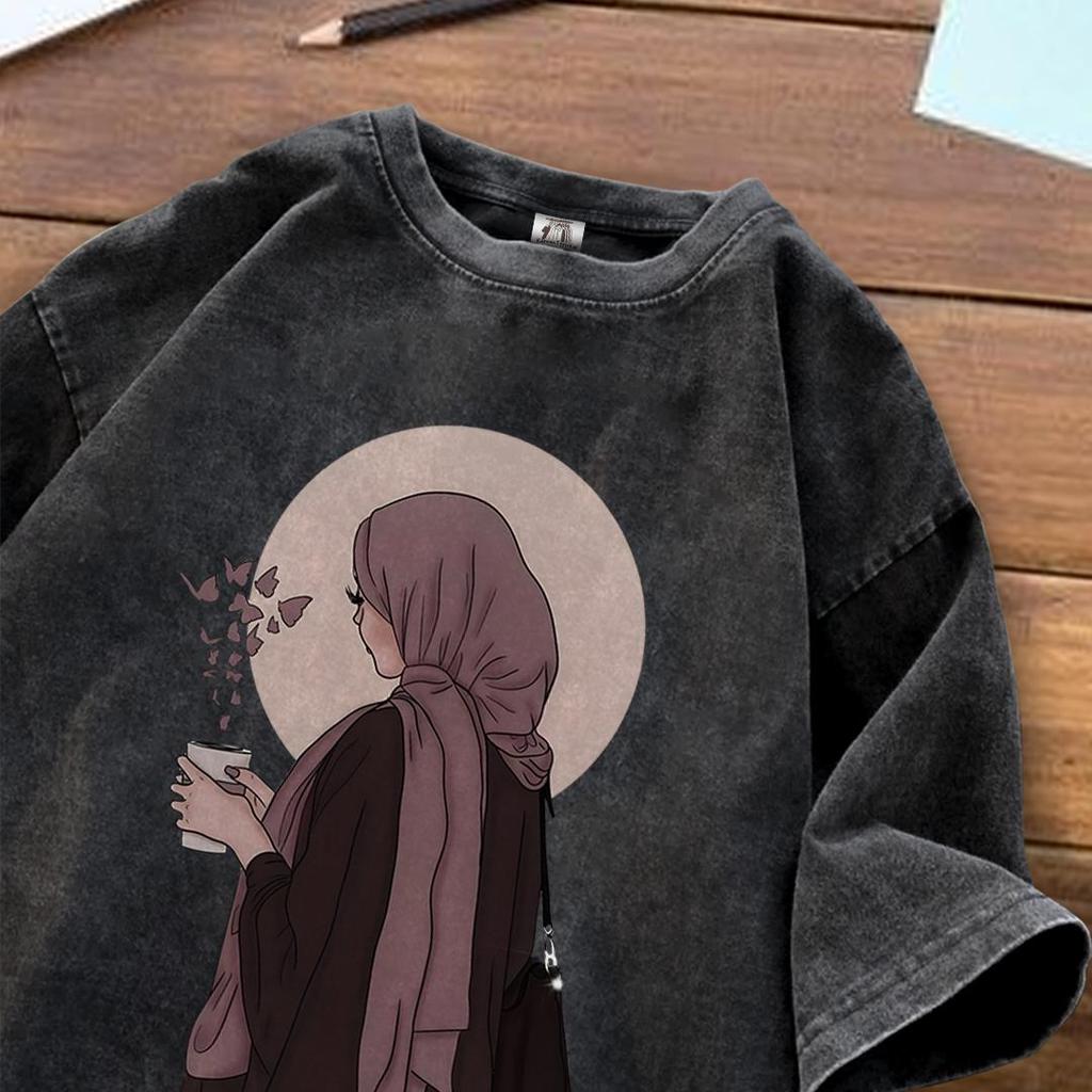 Korean Trend | COD Lengan Pendek Kaos Black Washed Oversize Unisex | Karakter Trendly Wanita Hijaber