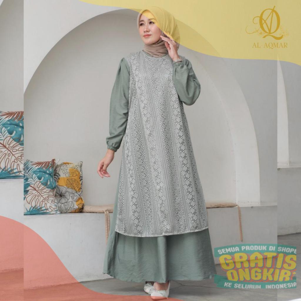 Dress Mix Brukat Tali Pinggang Busui Saku Kanan Kain Polo Linen Gamis Muslim Kombinasi Nyamanpakaian