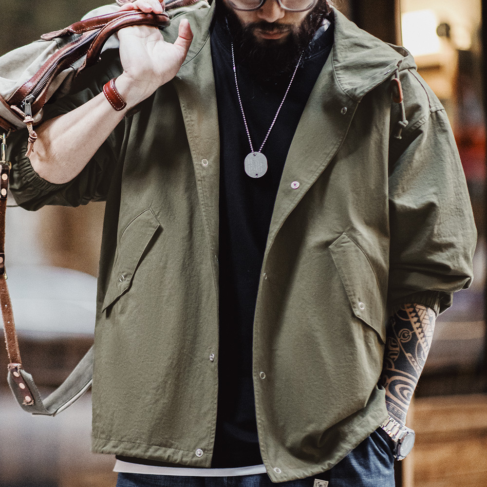 Maden Vintage Green M51 Hooded Jacket Loose Fishtail Short Overcoat Men's Versatile Outwear with Poc