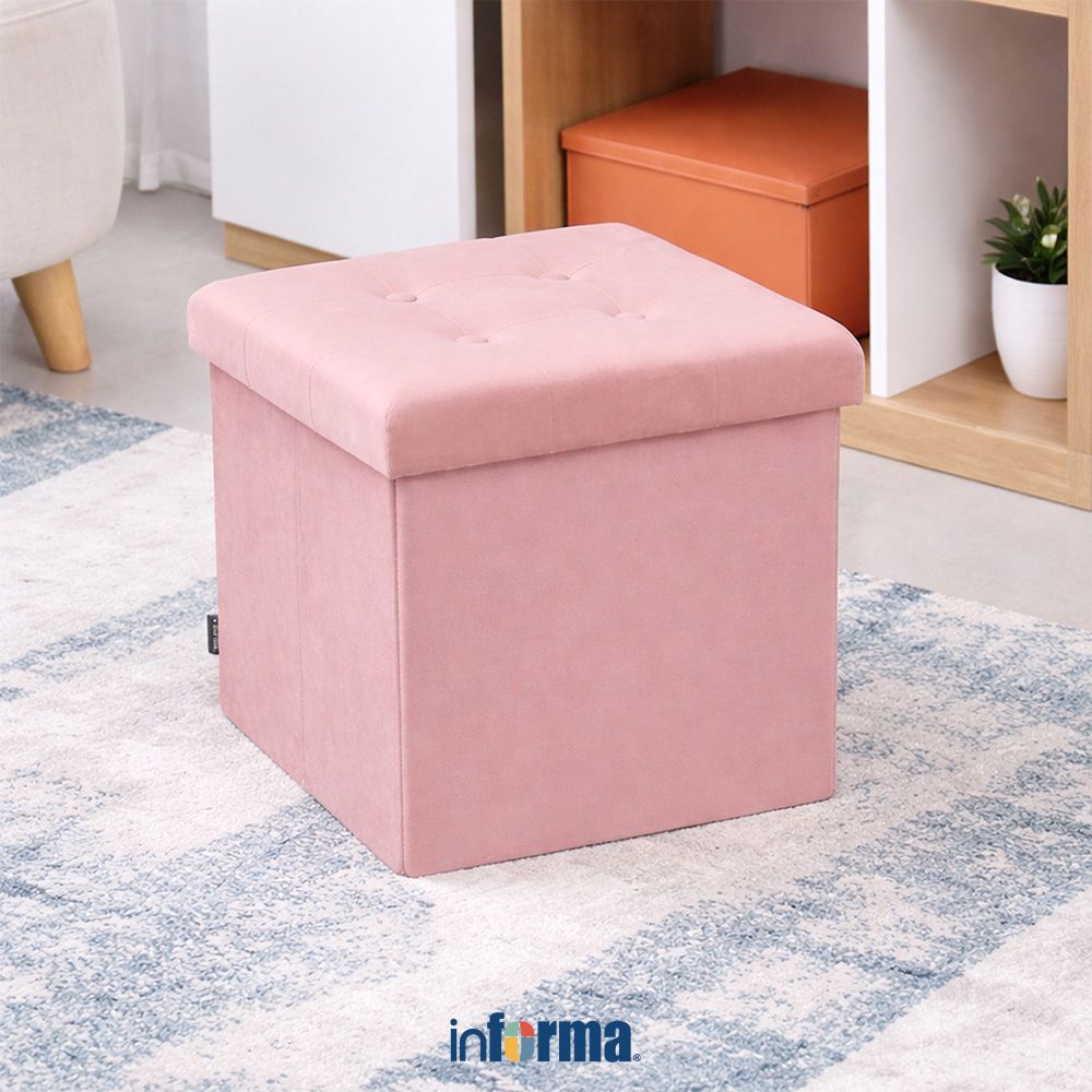 Informa Bangku Ottoman Lipat Fabric Velvet - Pink Tempat Duduk Serbaguna Bangku Multifungsi Furnitur
