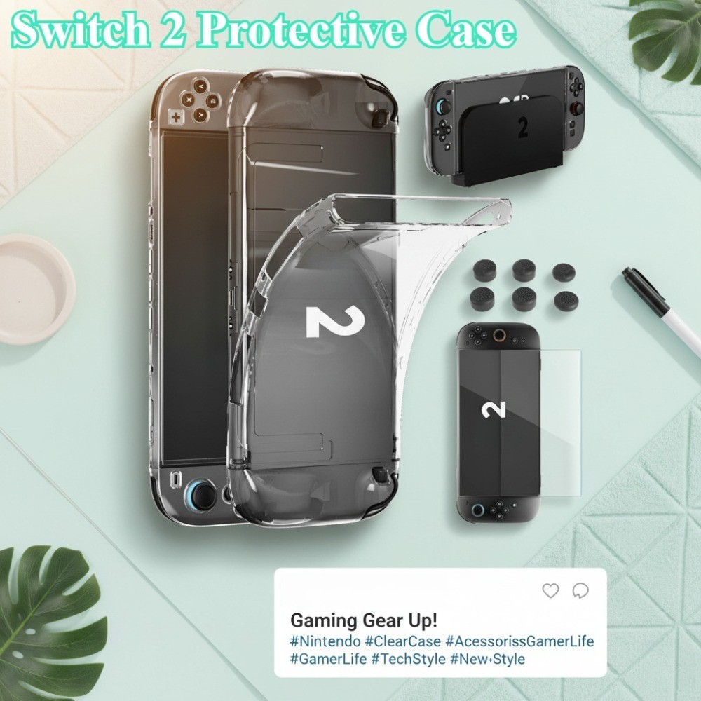 Switch 2 Case,Soft TPU Material,with 4K HD Screen Protector,2*Grips,6*Keycaps,Durable Drop-resistant