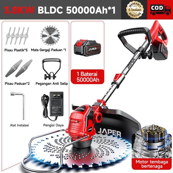 JAPER Mesin Potong Rumput Motor Berdaya Tinggi 3 Baterai Tahan Air Kebisingan Rendah Cocok untuk Med