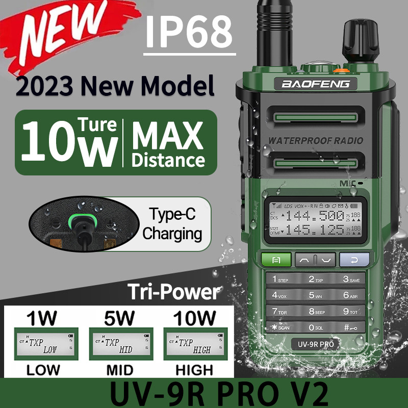 Baofeng UV-9R Pro V2 Waterproof IP68 Walkie Talkie Type-C Charger VHF UHF Ham Rao 50KM Long Range Up
