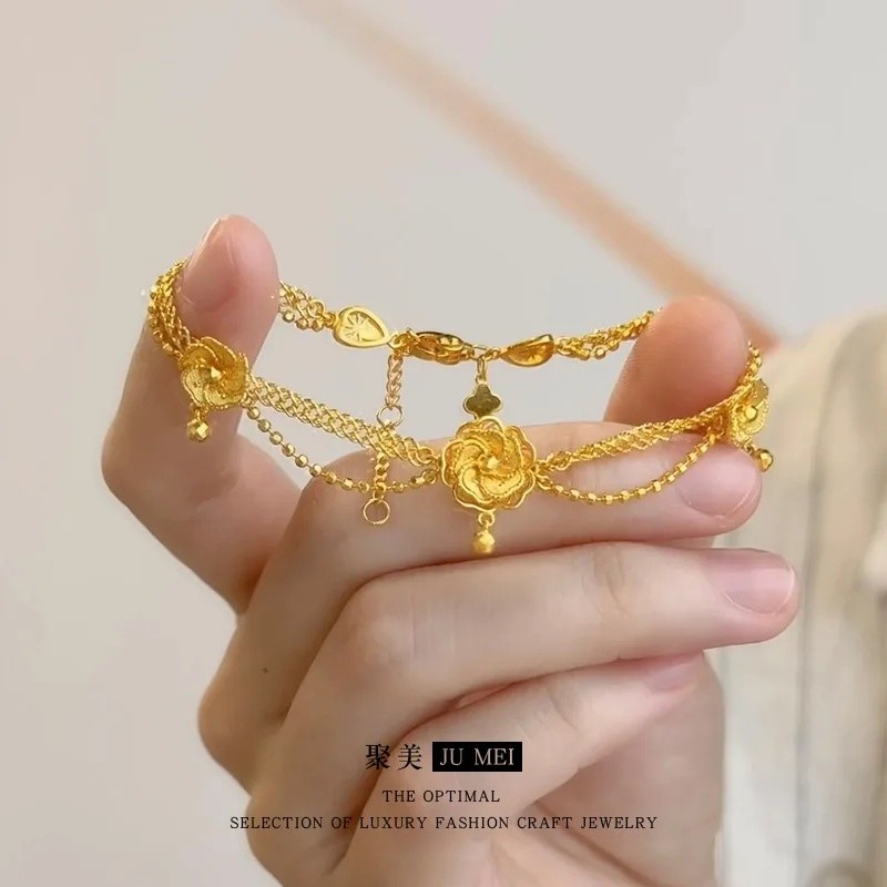 (Pengiriman cepat) Gaya Cina baru 24K emas asli camellia gelang tassel lapisan ganda 9999 ribu akses