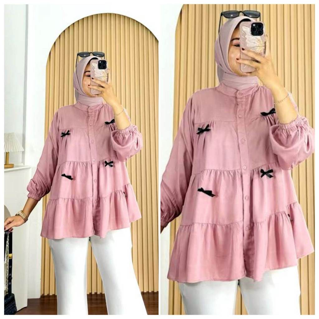 Blus Rempel Susun Pita Bahan Rayon Twill Premium Atasan Wanita Terbaru Blus Wanita Lengan Panjang Ke