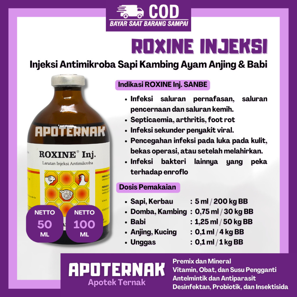 ROXINE Injeksi 50mL & 100 mL - Obat Antibiotik Spektrum Luas Sapi Kambing Unggas - Obat Infeksi Pern