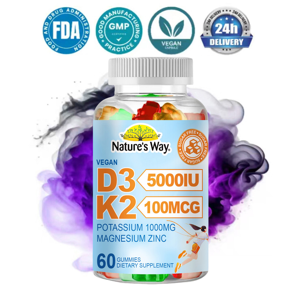 Natures Way Vitamin D3 5000IU + K2 100mcg Gummies 60pcs – Suplemen dengan Magnesium & Zinc untuk Tul