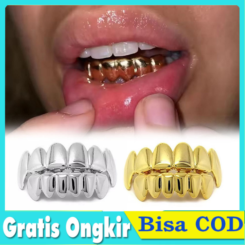Grillz Gigi Hip Hop Gold Plated Teeth Grillz Top Bottom Set Aksesoris Gigi Palsu Rap Keren Pria Wani