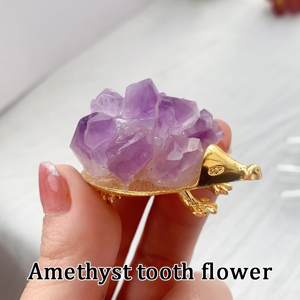 1pc Natural Crystal Hedgehog Amethyst Cluster Animal Ornament Energy Chalcopyrite Family Decoration 