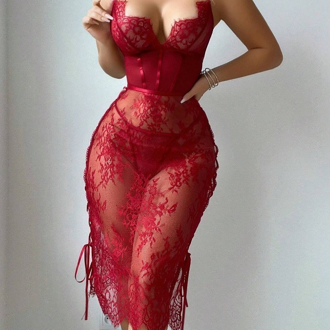 [Saror]Gaun Lingerie Seksi Merah Berongga Renda yang Membuka Dada