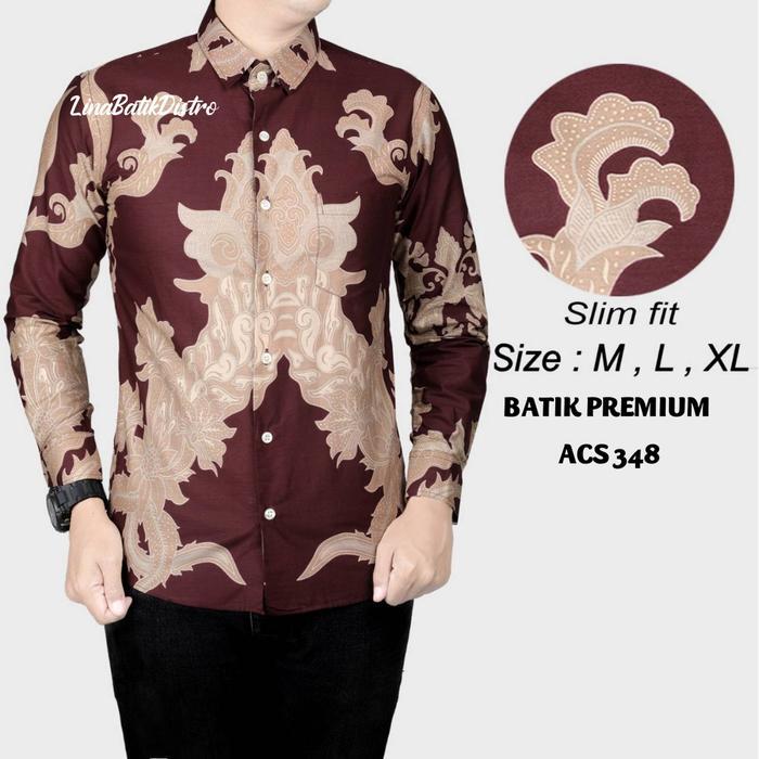 KEMEJA BATIK PRIA SLIM FIT BAJU BATIK PRIA SLIM FIT LENGAN PANJANG MERAH GOLD ACS 348 - M