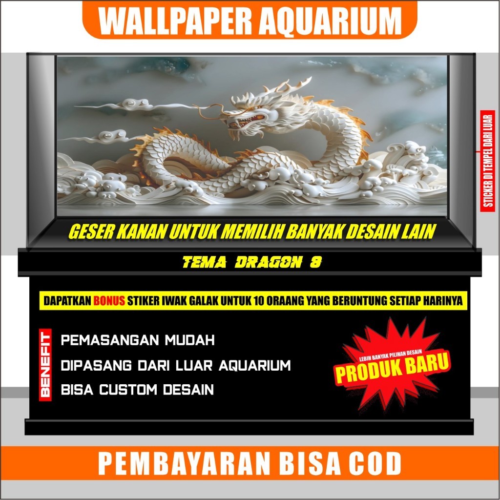 sticker aquarium background , wallpaper aquarium motif dragon naga putih