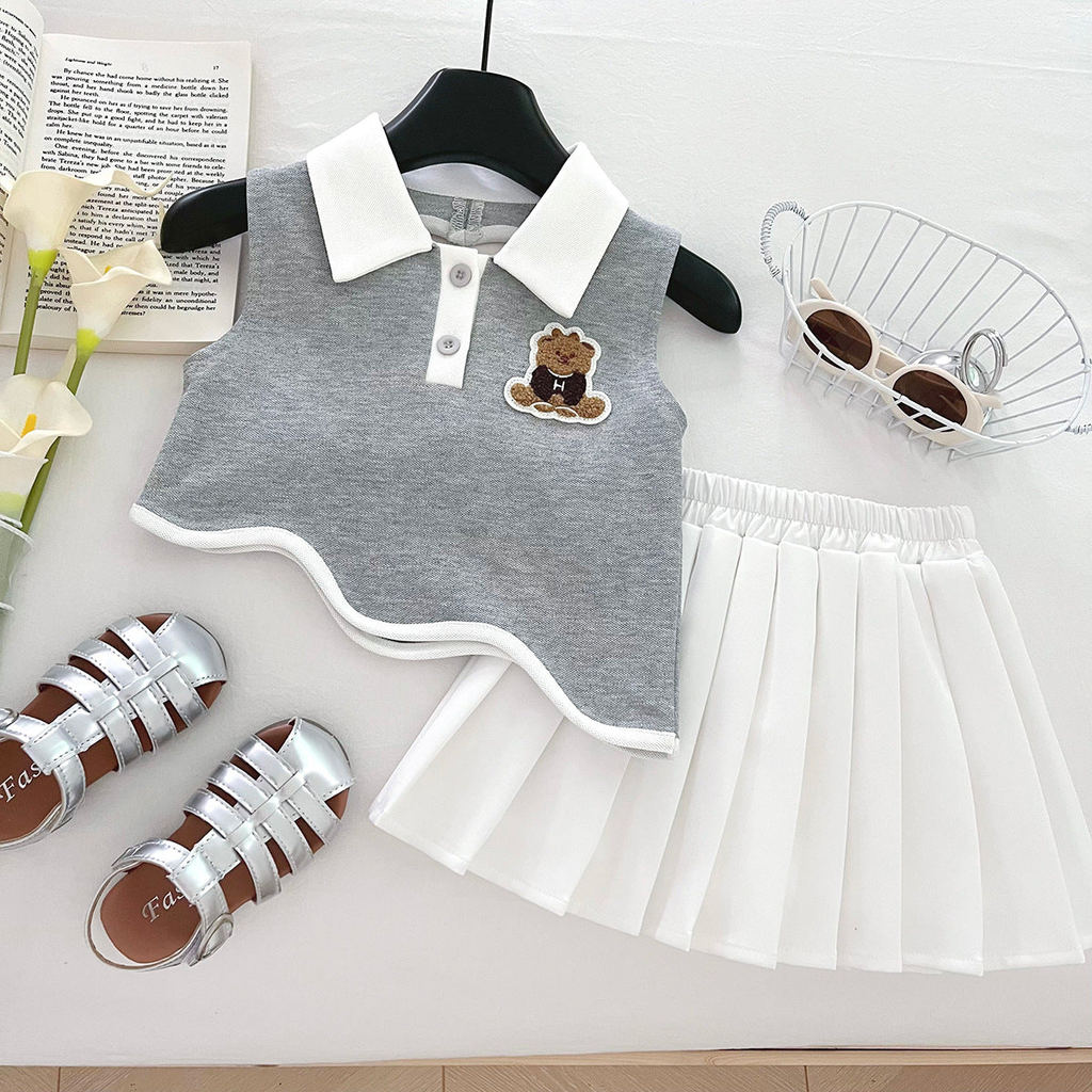 [963101] - One Set 2in1 Baju Setelan Atasan Kerah Crop Lengan Kutung Bawahan Celana Rok Pendek Plisk