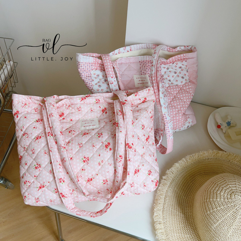 Pink Floral Tote Bag Quilted Cotton Women's Shoulder Bag Large Capacity Fashion Cloth Bag