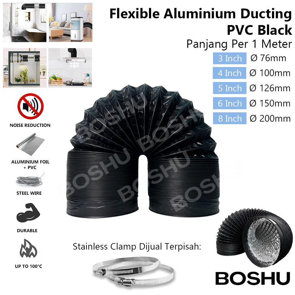 (HITAM) PVC Aluminium Flexible Ducting Selang Fleksibel Tahan Panas Cooker Hood Exhaust Fan AC Porta