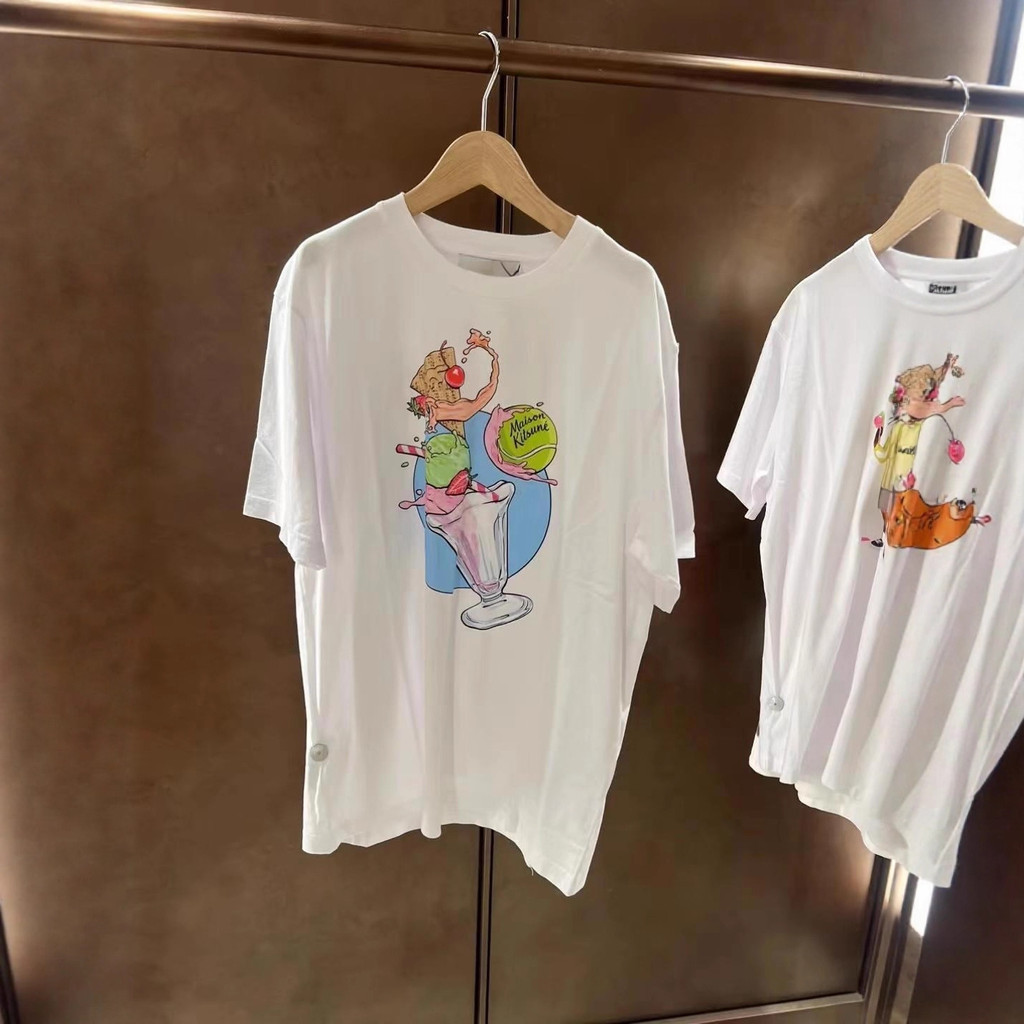 ATASAN PRIA BAJU KAOS Maison Kitsune Short Sleeve T-shirt - Cartoon Print Unisex Round Neck