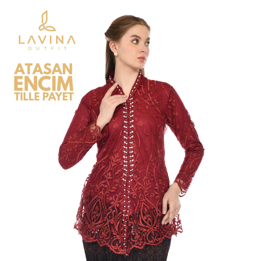 Lavina – Atasan Kebaya Encim Tille Payet Premium Full Bordir Mutiara Model Modern Elegan Wisuda Kond
