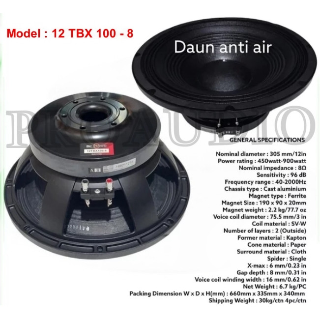 Speaker Komponen B&C 12 TBX 100 8 / B&C 12TBX100 - 9 Component 12 inch 1200 Watts