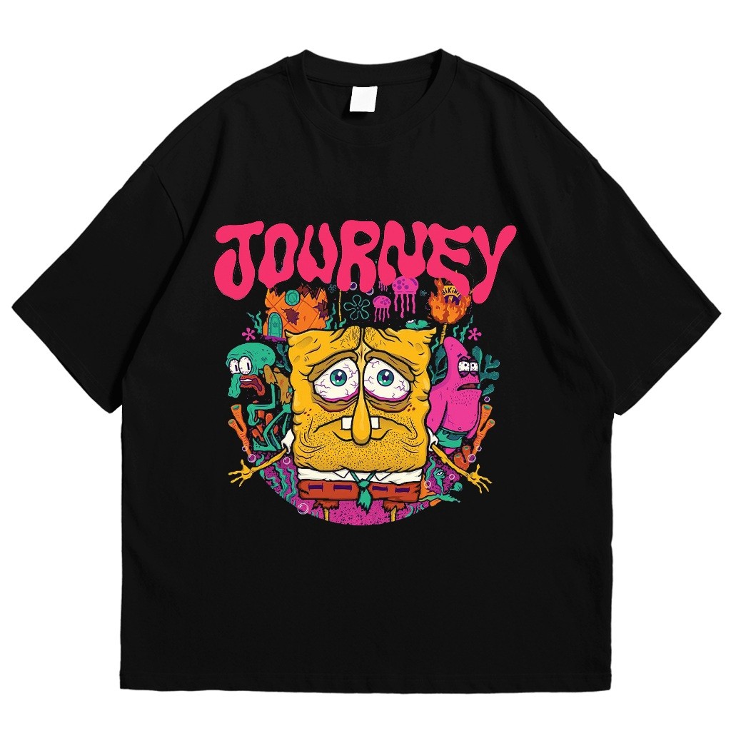ORI Baju Kaos Regular Band Musik Journey X Spongebob T-shirt Pria Wanita Unisex Cotton Combed Black 