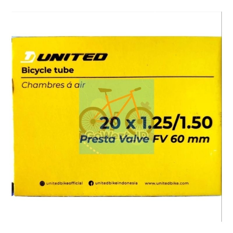 Ban Dalam Sepeda Ukuran 20 x 1.25 / 1.35 / 1.50 UNITED Pentil Panjang Presta FV 60 mm 6 cm Lipat | H