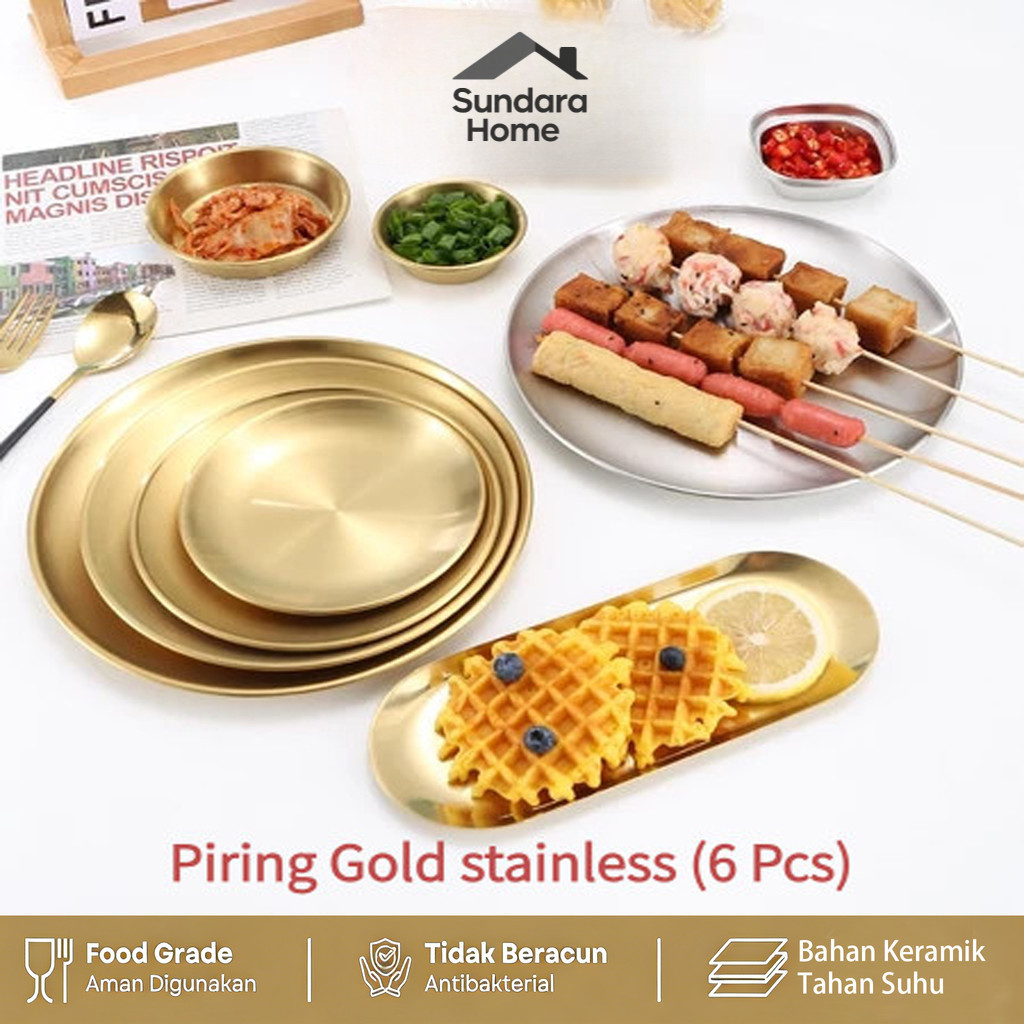 Sundara Home  - 6pcs Piring gold Piring stainless Gold Korea/Piring Makan Mewah/Piring Bulat Emas Ko