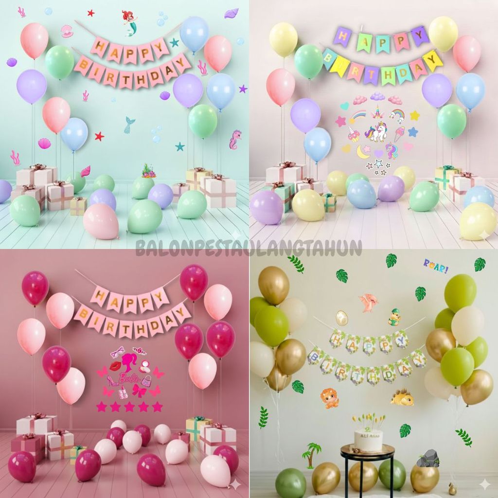 Paket Balon Stiker Ulang Tahun Anak Dino / Unicorn / Mermaid / Minecraft / Barbie