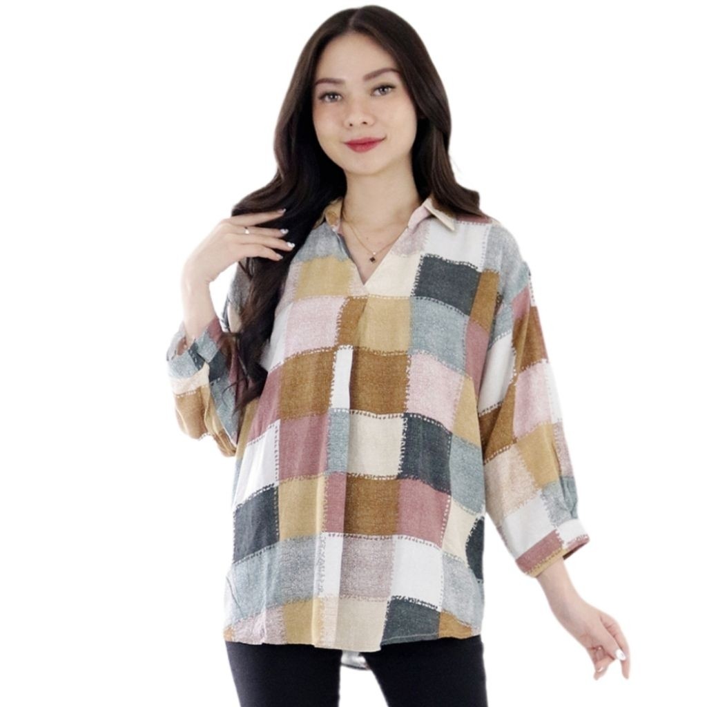 YONA.ID Atasan Blus Wanita V-Neck JUMBO Rayon Motif Kotak BIG SIZE XXL 4XL 5XL LD 110 120 130 CM 475