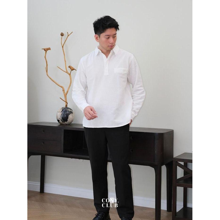 COZYCLUB Linen Longsleeve Polo | Kaos Kerah Pria Linen Lengan Panjang | 191 - Black, S