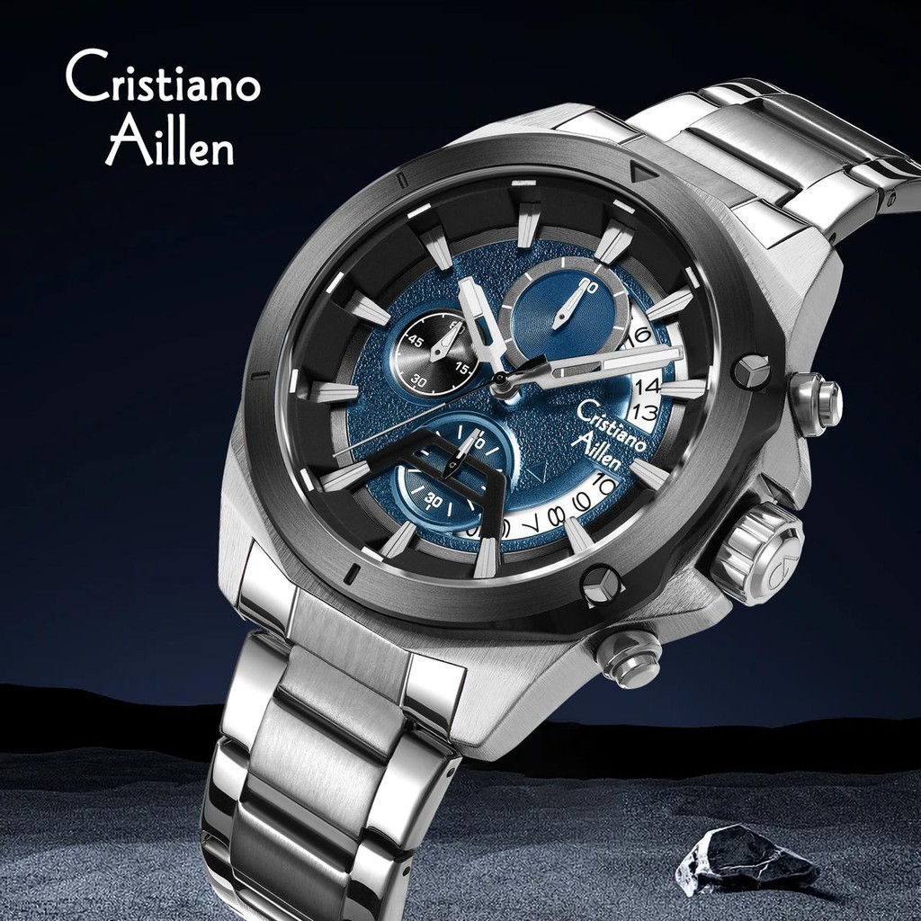 Cristiano Aillen Jam Tangan Pria Analog 8896 Rantai Stainless Steel Chronograph Kaca Sapphire Water 