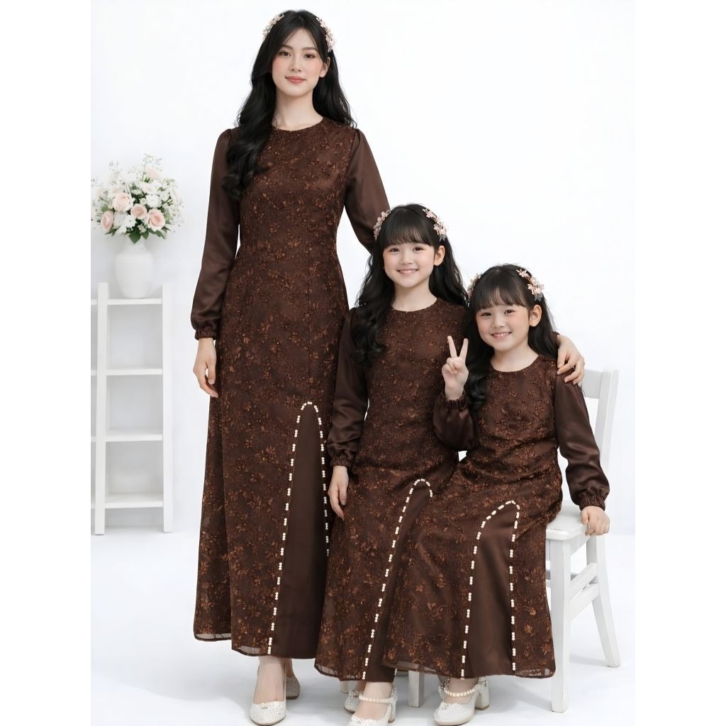 Baju Lebaran Terbaru 2026 Gamis Kembaran Satin Velvet Mix Tile Bordir Mewah Couple Ibu Anak Nayrisa 