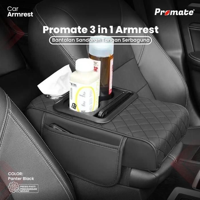 Armrest Sandaran Siku Tangan 3in1 PROMATE Universal Storage Box Cup Holder Tempat Tisu Car Bahan Kul