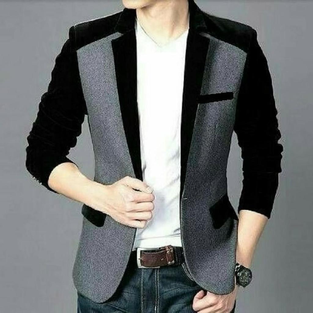 JAS BLAZER PRIA FORMAL WARNA ABU KOMBI HITAM  MODEL SLIMFIT KANCING DUA GERATIS DASI