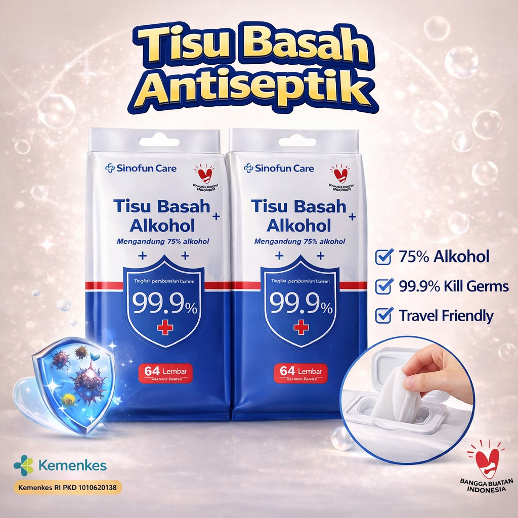 Sinofun Care Tisu Basah Anti Bakteri 75% Tissu Travel Alkohol Tissue Alcohol Anti Bakteri 64 Lembar