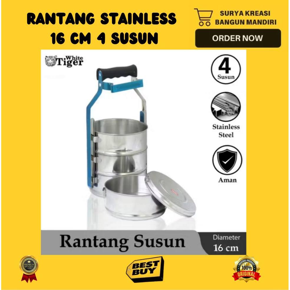 RANTANG STAINLESS 4 SUSUN 16 CM - RANTANG TIGER 555 - RANTANG LEBARAN - FOOD CARRIER