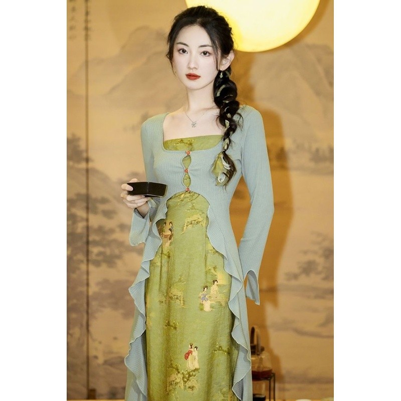 [JINXIU] Gaun Peri Antik Hijau Gaun Ujung Teratai Gaya Cina Baru Gaun Gaya Cina Gaun Wanita Desain
