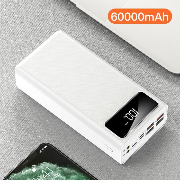 PowerBank 60000mAh 4 USB Fast Charging Putih LED Hitam 60000 mah White hitam dengan Kapasitas Tinggi