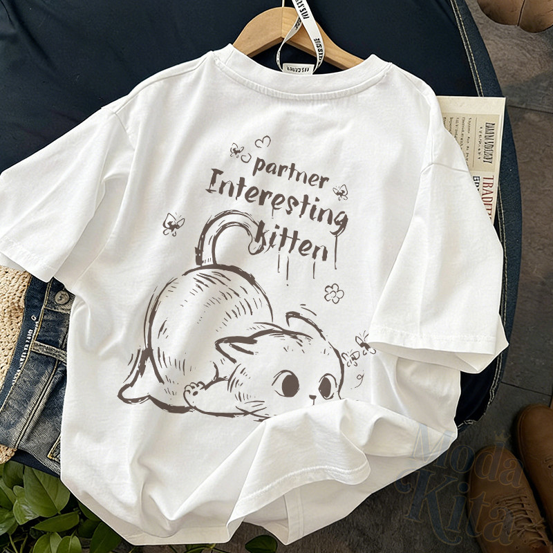 Moda Kita Baju Kaos Wanita Lengan Pendek Terbaru Oversize Korea Style Outfit Atasan | Gambar kucing 