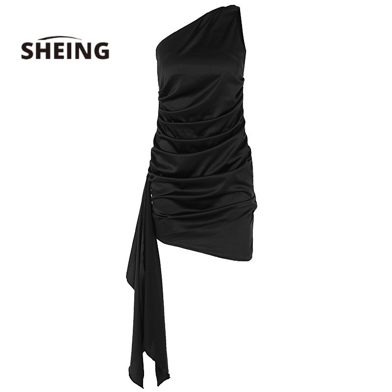 SHEING Dress Pakaian Wanita Satu Bahu Ramping Pita Pinggul Gaun Perdagangan Luar Negeri Wanita Grosi