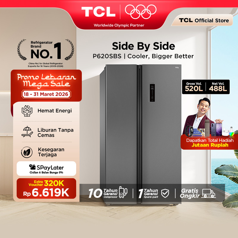 TCL Kulkas 2 Pintu Side by Side - Kapasitas 520L - Holiday Mode - Twin Eco Inverter - AAT Gen 2 Natu