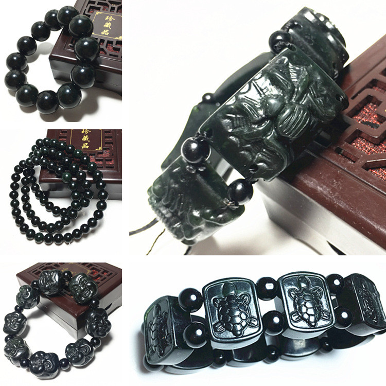 Gelang obsidian hitam alami dengan manik-manik kepala Buddha, naga, kura-kura, dan bangau, gelang ba