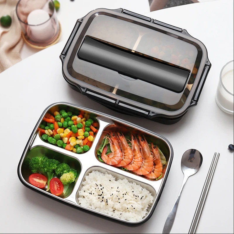 Kotak Makan Stainless Steel 304 Sekat 3 4 Grid Lunch Box Set Tas Insulasi Sendok Sumpit Anti Bocor L