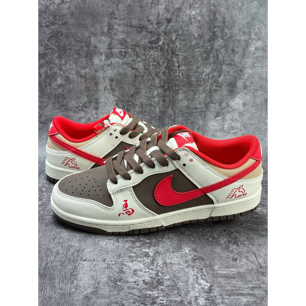 N1K3 SB Dunk Low Year of the Horse sepatu kasual nyaman klasik berwarna putih coklat dan merah terba