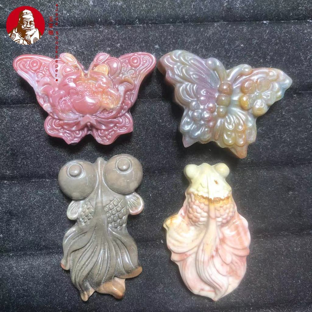 Batu akik alami, batu akik laut giok berwarna-warni, ukiran ikan mas, liontin aksesori DIY