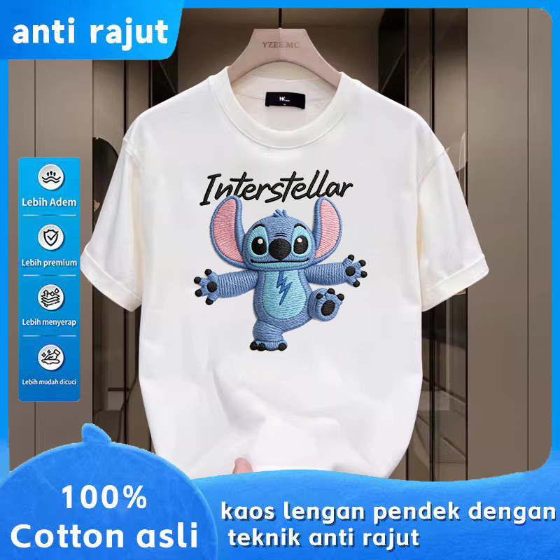 [COD]Kaos Bordir Palsu Kaos Lengan Pendek Teknik Anti Rajut, Desain Stitch (Lilo & Stitch) dengan Tu