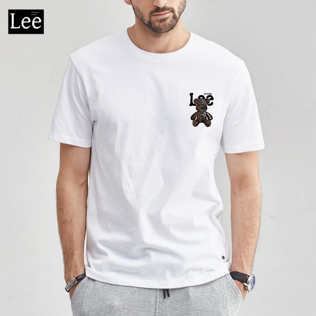 Kaos Lee Pria Putih dengan Desain Beruang Imut - Baju Casual Keren