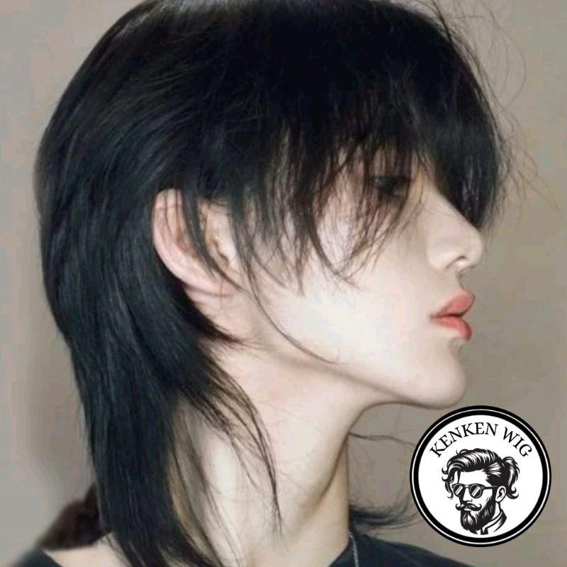 Wig Pria Rambut Pendek Mullet Panjang Warna Hitam Gaya Pria Rambut Model Wolfcut