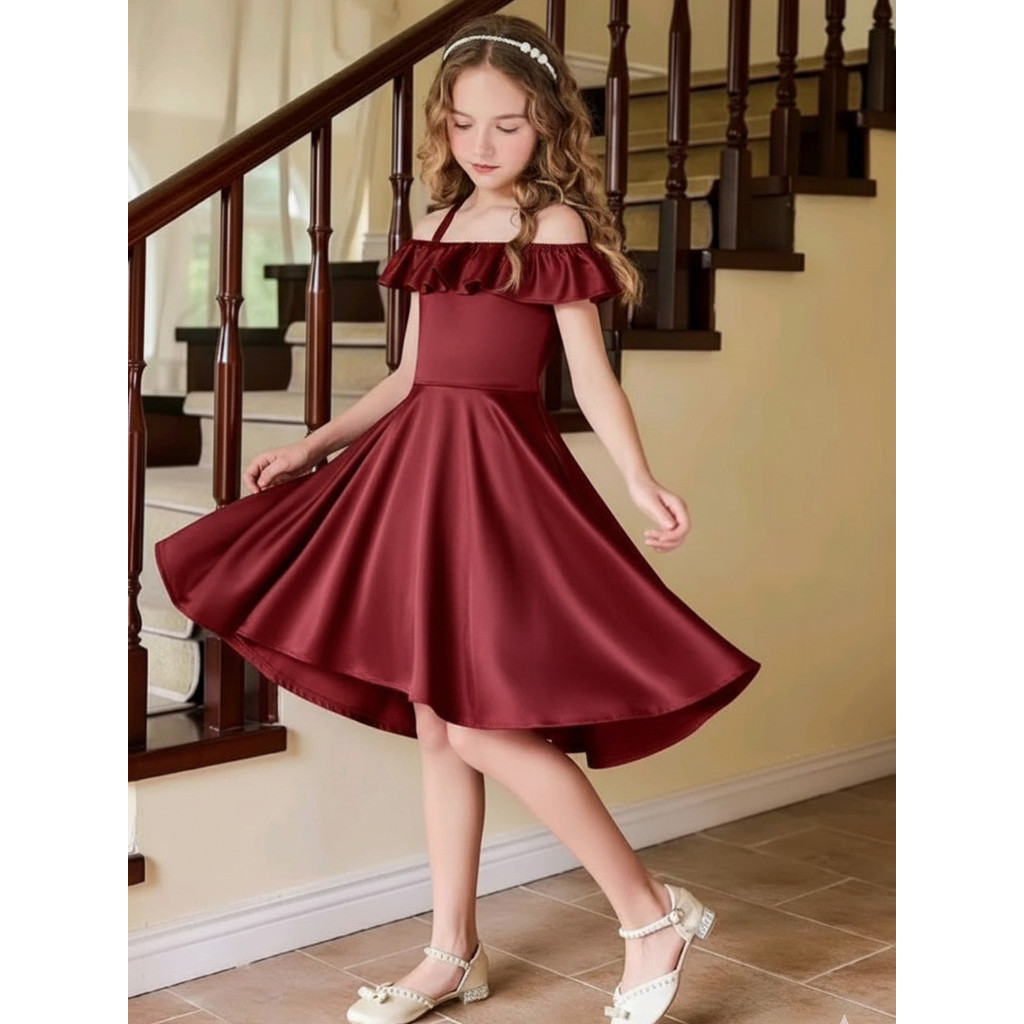 MK053 Dress Anak Perempuan Gaun Anak Pesta Gaun Kekinian Gaun Anak Mewah Dress Satin Polos Anak Cewe