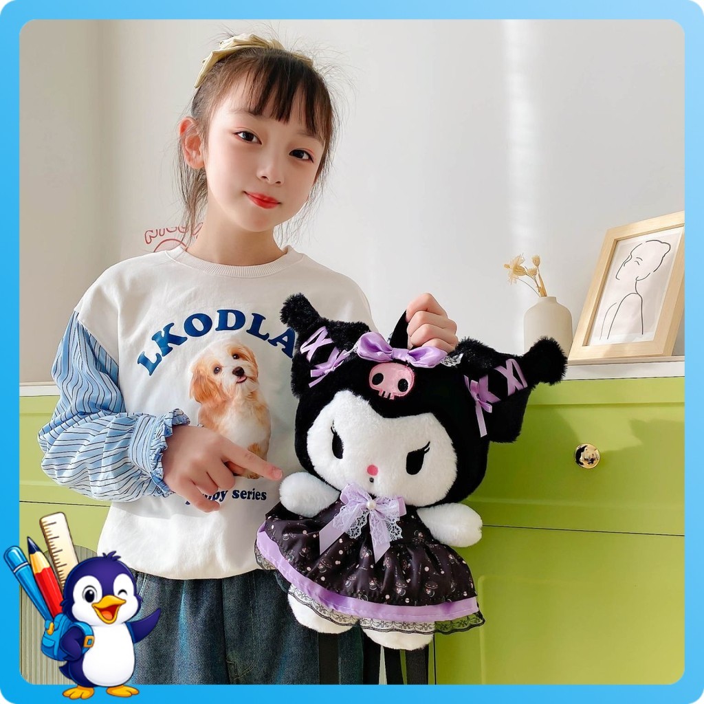 Tas Ransel Anak Sanrio Jepang Kawaii Tas Punggung Boneka Berkerah Bulu Tas Sekolah Bag Kuromi Melodi